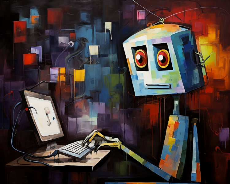 Abstract painting of a Google robot watching videos.